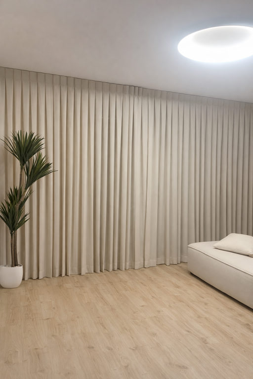 וילונות מעוצבים לחדר שינה בגוון שמנת מקיר לקיר, מעל מיטה זוגית בהירה