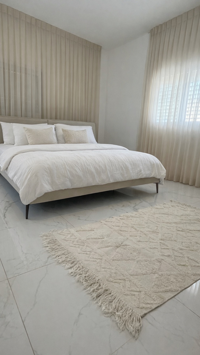 וילונות מעוצבים לחדר שינה בגוון שמנת מקיר לקיר, מעל מיטה זוגית בהירה ושטיח מרוקאי.