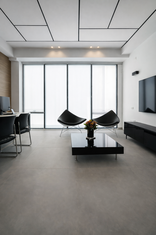 וילונות זברה במשרד מודרני עם כורסאות המתנה, שולחן קפה קטן ותאורת פס לד.