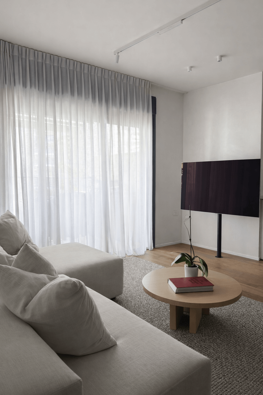 סלון מעוצב עם טלוויזיה המותקנת על עמוד שחור דקורטיבי, שולחן קפה עגול מעץ ושטיח טקסטורה.