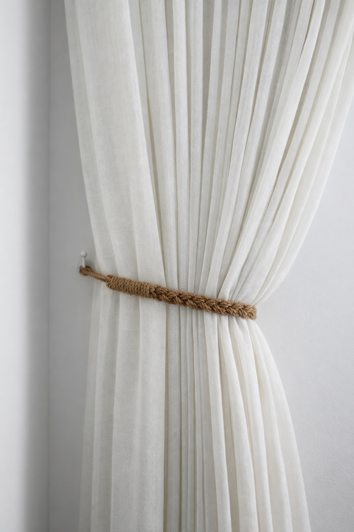 וילון בהיר אסוף בעזרת חבל דקורטיבי דק בגוון קרם המחובר לוו קיר לבן.