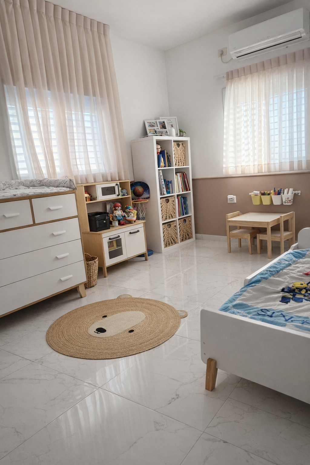 וילונות לחדר שינה של ילדים בגוון בז' עדין, המשתלבים עם ריהוט עץ טבעי ושטיח דובי.