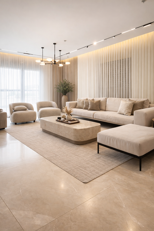 וילונות לסלון בגוון שמנת עם תאורת לד נסתרת בתקרה וריהוט יוקרתי בגוונים בהירים.