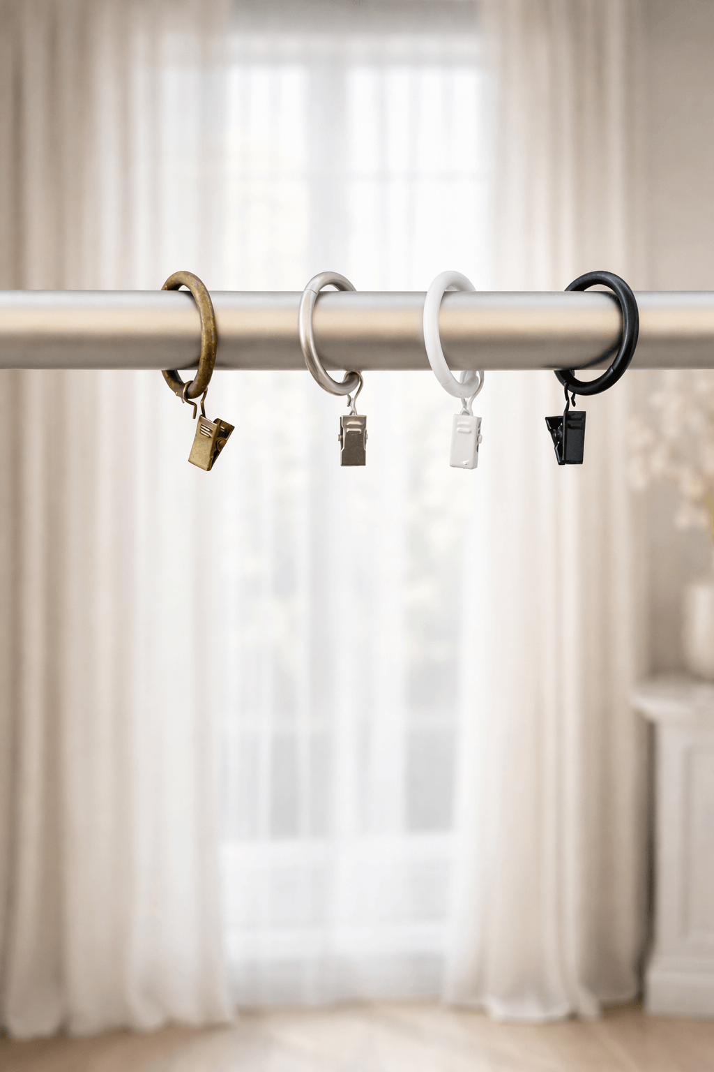 ארבע טבעות וילון עם קליפסים בגוונים: פליז עתיק, כסף מט, לבן ושחור על מוט נירוסטה.