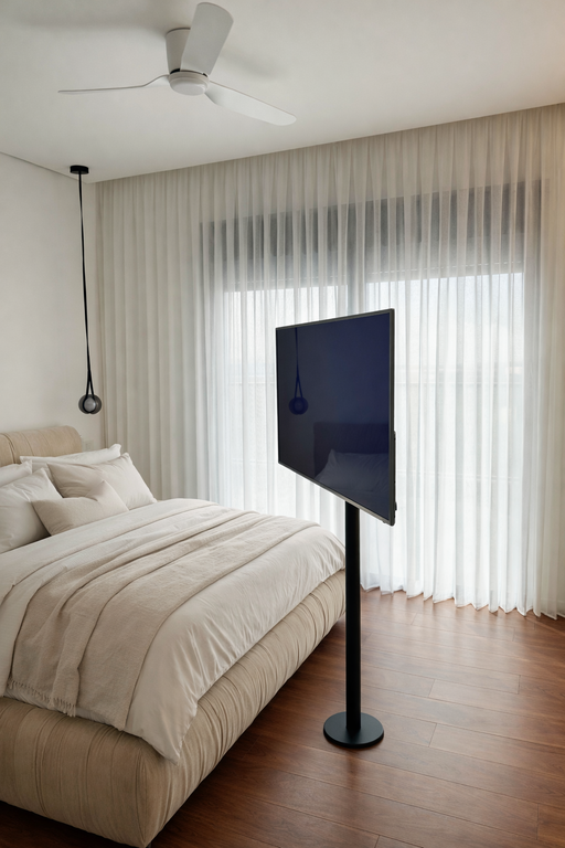 וילונות מעוצבים לחדר שינה מבד שקוף לבן, המשתלבים עם עיצוב מינימליסטי וטלוויזיה על עמוד שחור.