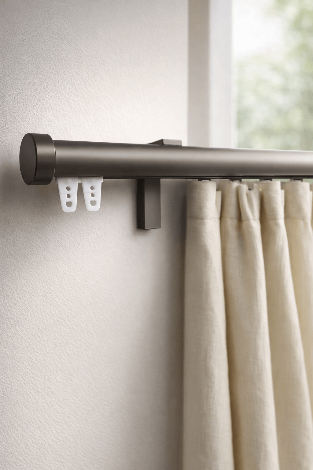 מוט וילון בגוון ברונזה כהה עם וילון בד בצבע קרם ותושבת קיר תואמת.