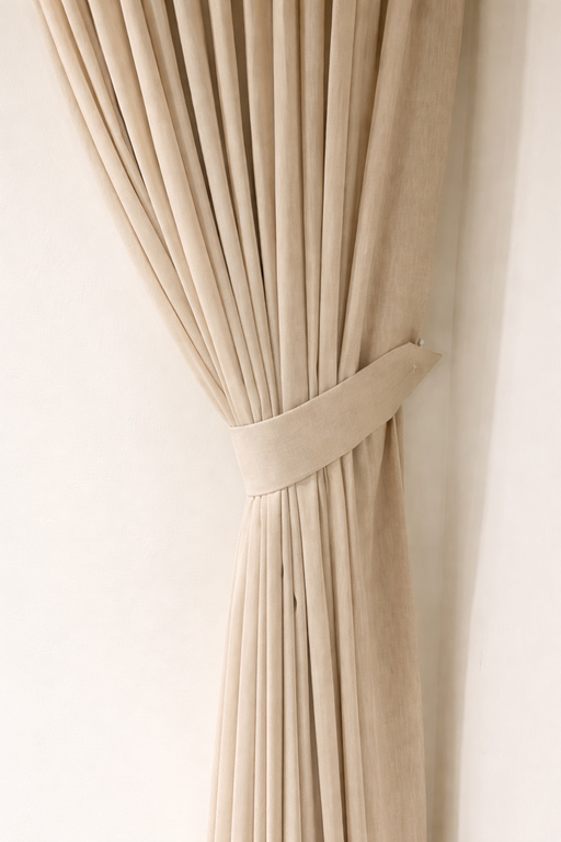 חבק חבל גס בגוון חום טבעי על וילון בד בז' עבה, על רקע נוף פתוח ממרפסת.