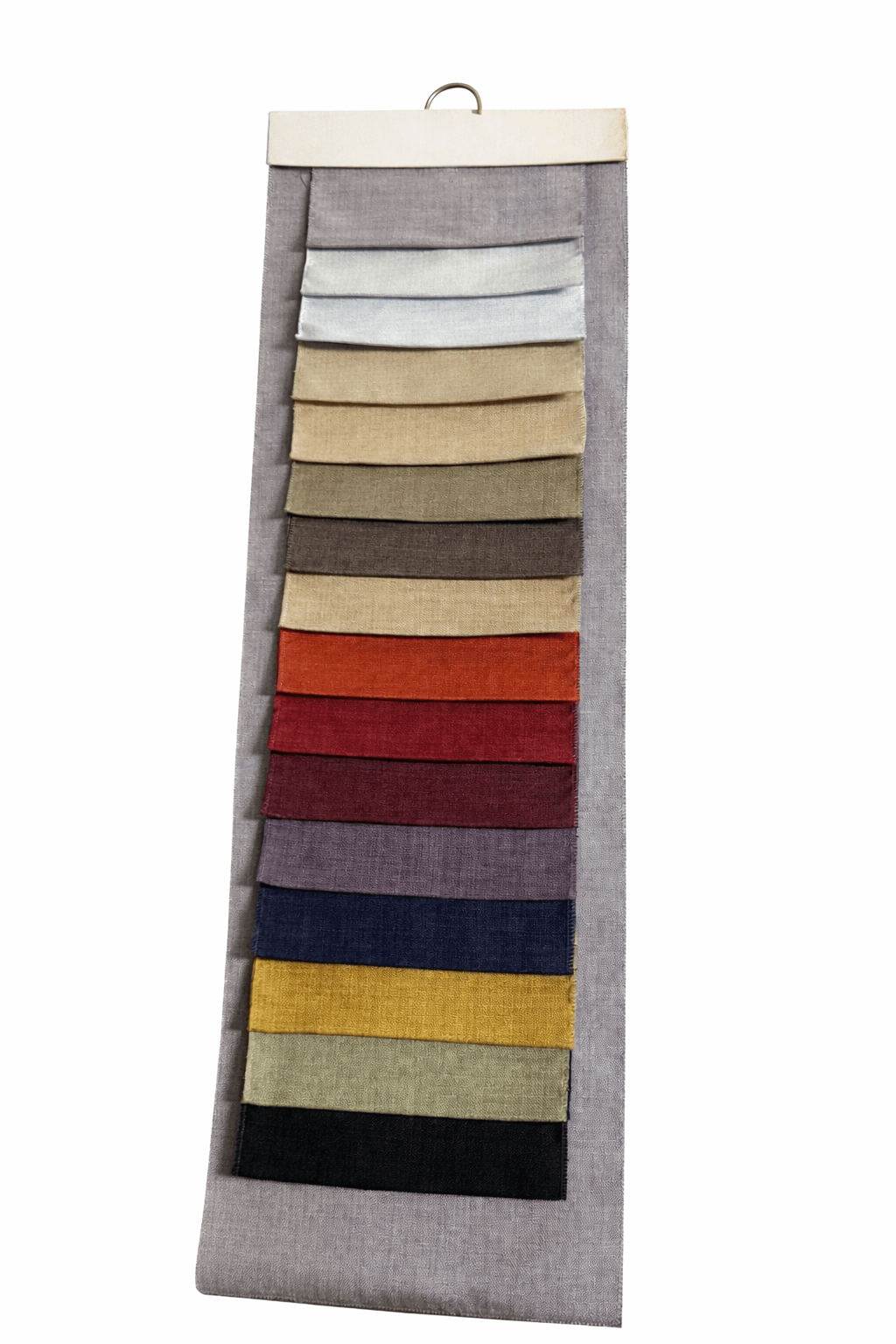 קטלוג צבעים ובדים לוילונות הכולל גוונים של אפור, חרדל, כחול, בורדו וכתום.