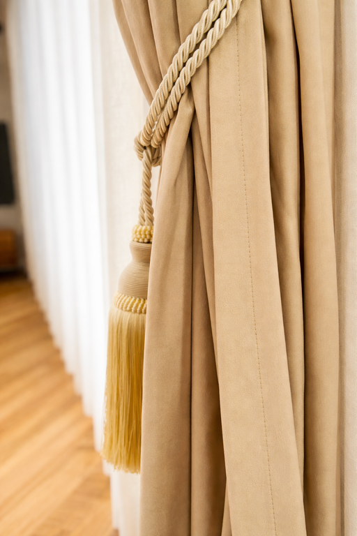 וילון בד בגוון מוקה אסוף בעזרת חבק עשוי מאותו סוג בד למראה אחיד ואלגנטי.