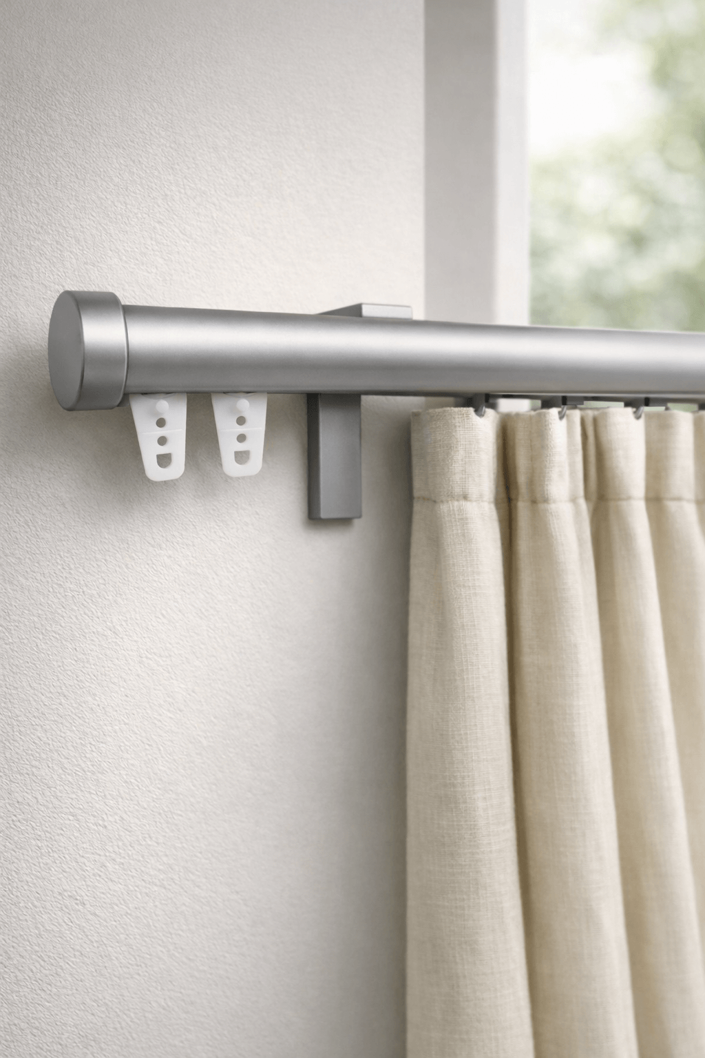 מוט וילון כסוף מותקן על קיר עם וילון בד בגוון פשתן טבעי ותפסני פלסטיק לבנים.