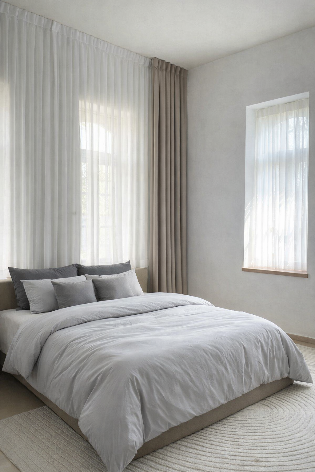 וילונות לחדר שינה ארוכים מהתקרה עד הרצפה בגווני לבן ומוקה, מתאימים לחלונות גבוהים.