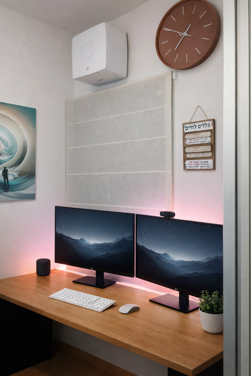 וילון רומי מבד בהיר מעל שולחן עבודה עם שני מסכי מחשב ותאורת לד אחורית.