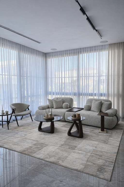 וילונות לסלון המותקנים בזווית על חלונות פינתיים גדולים, למראה עוטף ויוקרתי.