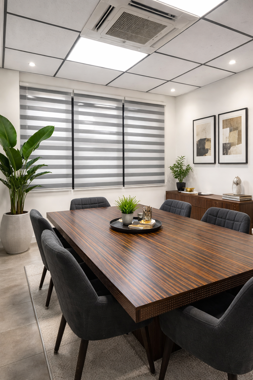 וילון זברה אפור-לבן בחדר ישיבות עם שולחן עץ כהה, כסאות מרופדים וצמחייה ירוקה.