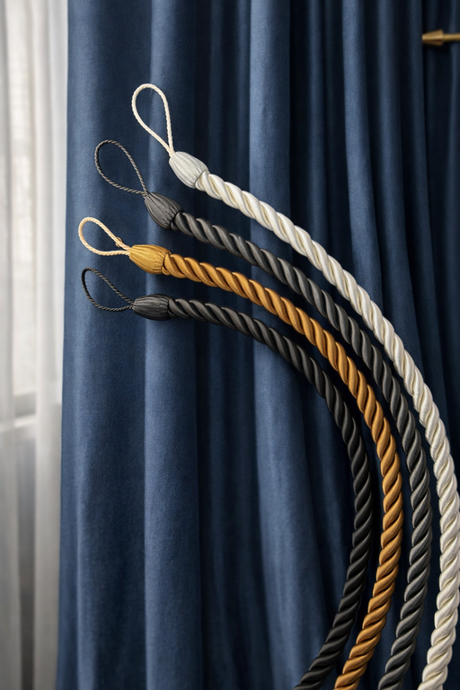 ארבעה חבלי איסוף שזורים בגימור משי בגוונים: לבן, אפור, זהב ושחור על רקע וילון כחול.