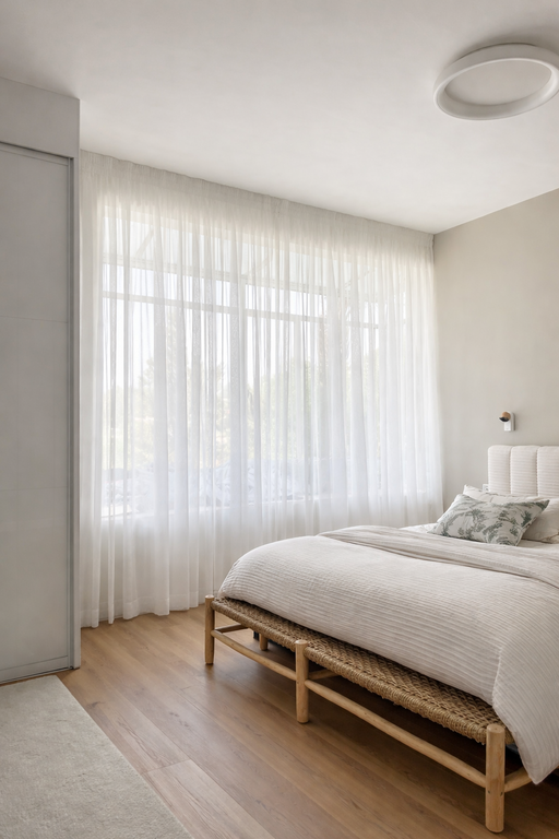 וילונות בד לבנים שקופים (וואל) בחדר שינה מואר עם מיטת עץ קלועה.