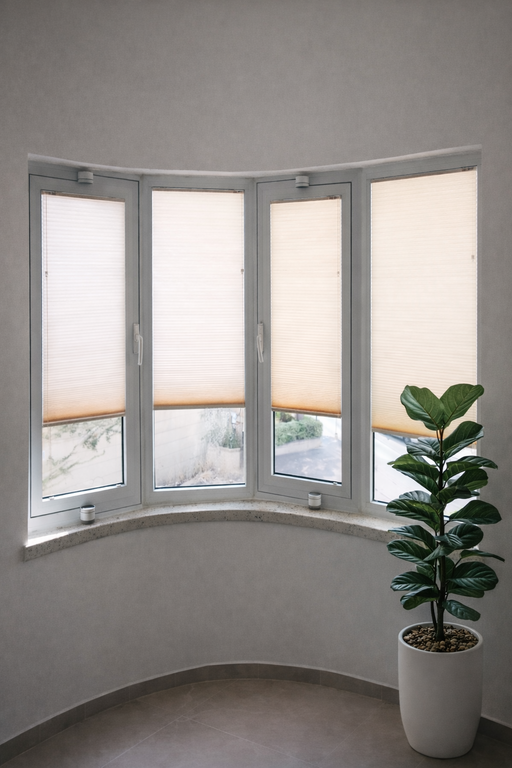 וילונות פליסה מותקנים על חלון מעוגל (ביי ווינדו) עם צמחייה ירוקה בפינה.