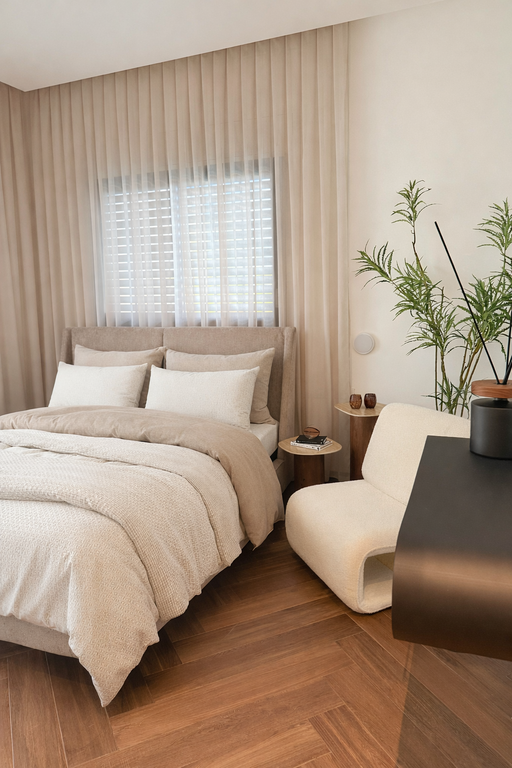 וילונות לחדר שינה בגוון מוקה המשתלבים עם ריצוף פרקט ומיטה מרופדת.