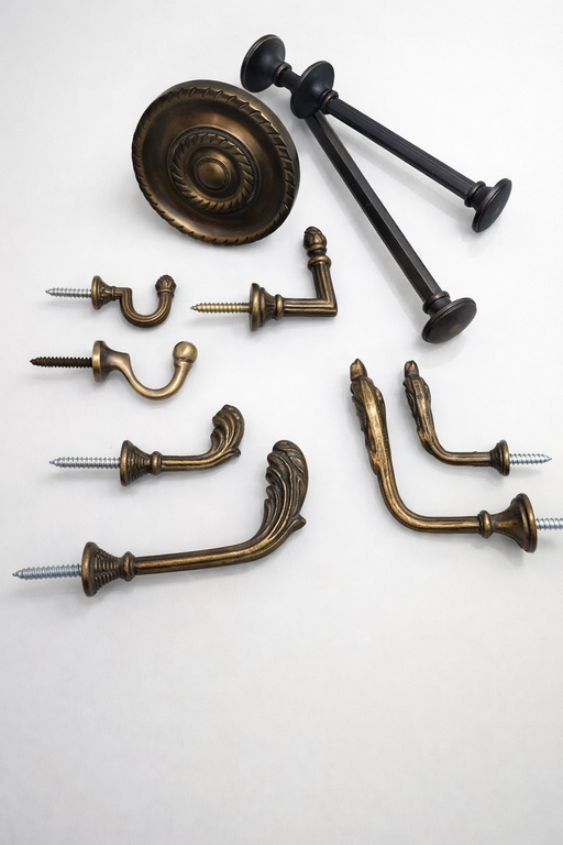 מבחר ווי איסוף ופרזול לוילונות בגווני ברונזה עמוקה ושחור מט בעיצובים ויקטוריאניים ומודרניים.