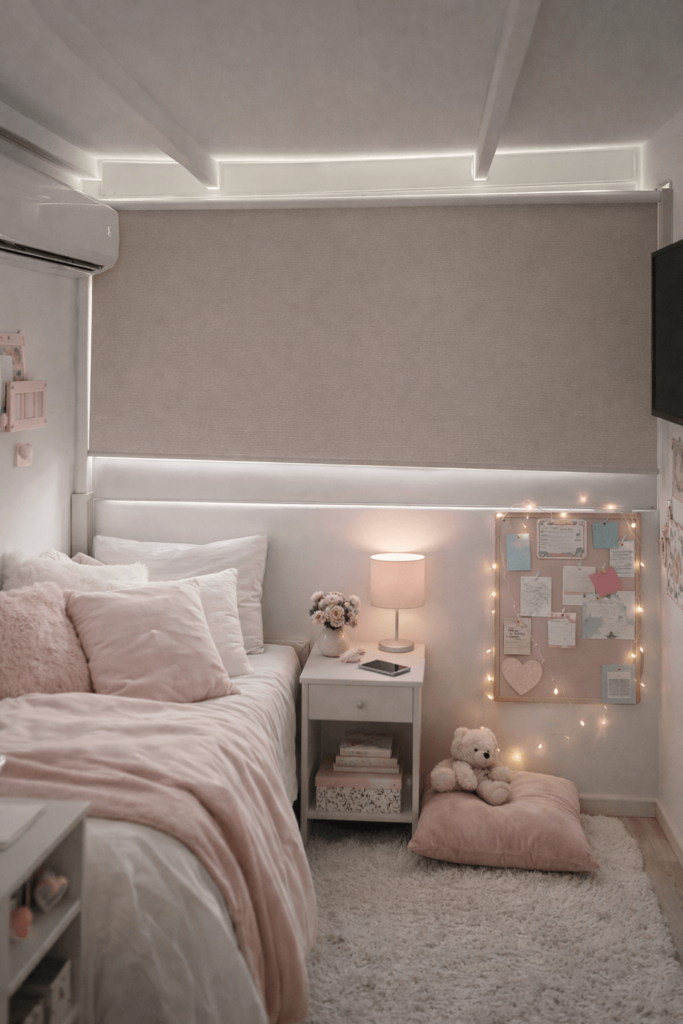 וילון גלילה האפלה בגוון בז' בחדר שינה לילדות עם תאורת לד נסתרת, מיטה ורודה ושטיח פרוותי.