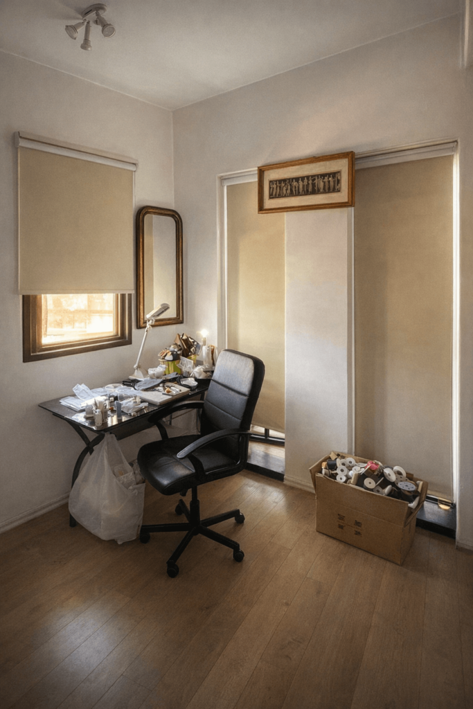 שני וילונות גלילה בגוון קרם בחדר עבודה או סטודיו ביתי עם שולחן כתיבה, כיסא משרדי וארגז כלים.