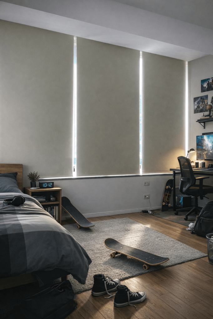 וילון גלילה לבן נקי בחדר שינה מודרני מאחורי כורסת רביצה נוחה ופוף בהיר.